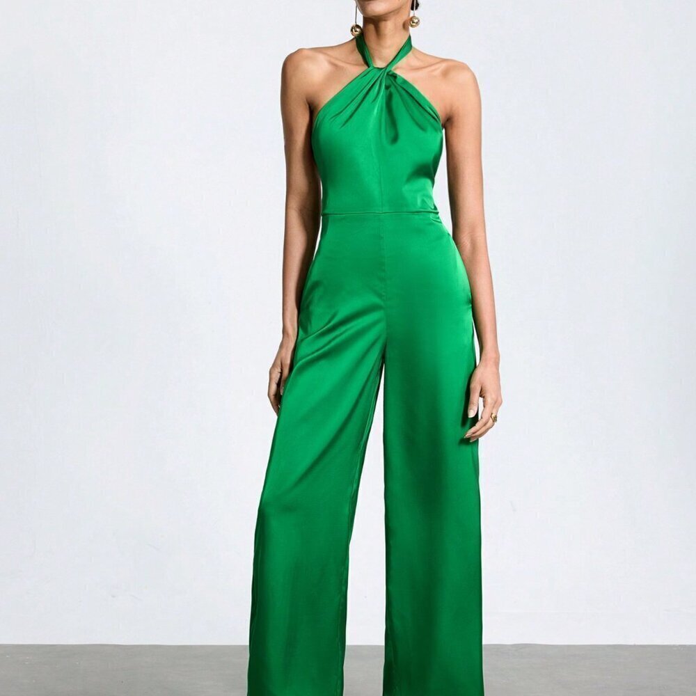 Green Elegant Women's Solid Color Halter Neck Strap Backless Jumpsuit - Picture 5 of 7